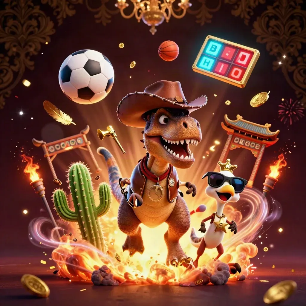 Cowboy T-Rex, cactus, and roadrunner amid sports balls, coins, and casino sparks.