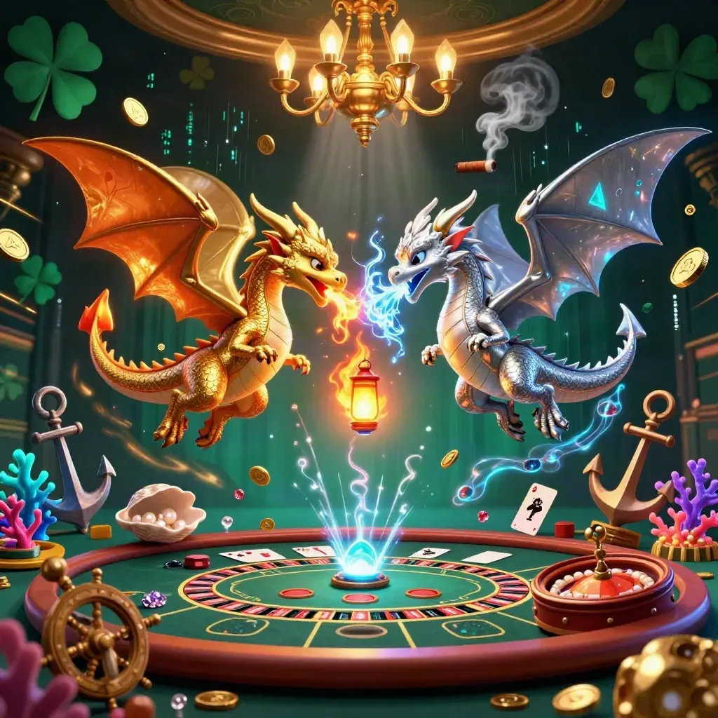 Twin gold and silver dragons spiral over a luxe casino treasure cove with glowing brass, coral, and cards.