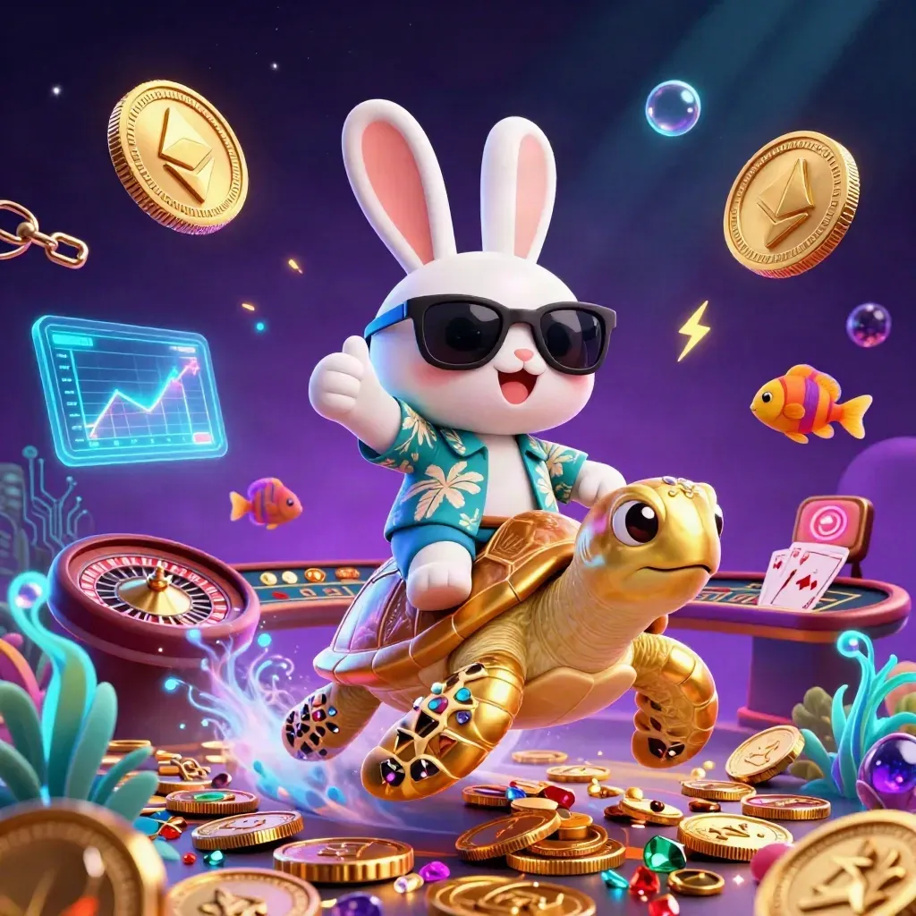 Lucky rabbit on a golden sea turtle amid casino glow, coins, fish, and neon effects.