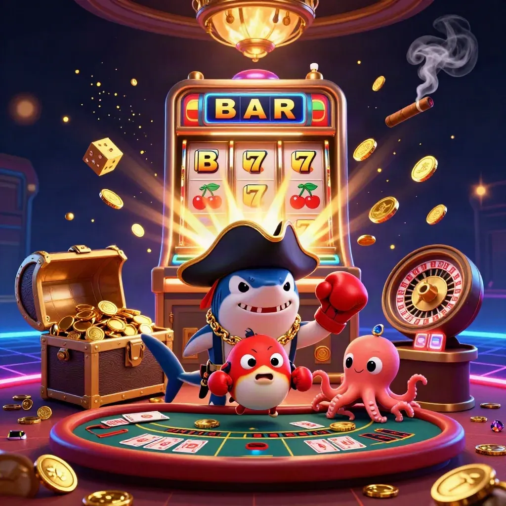 Pirate shark, boxing pufferfish, and juggling octopus amid casino lights and gold.