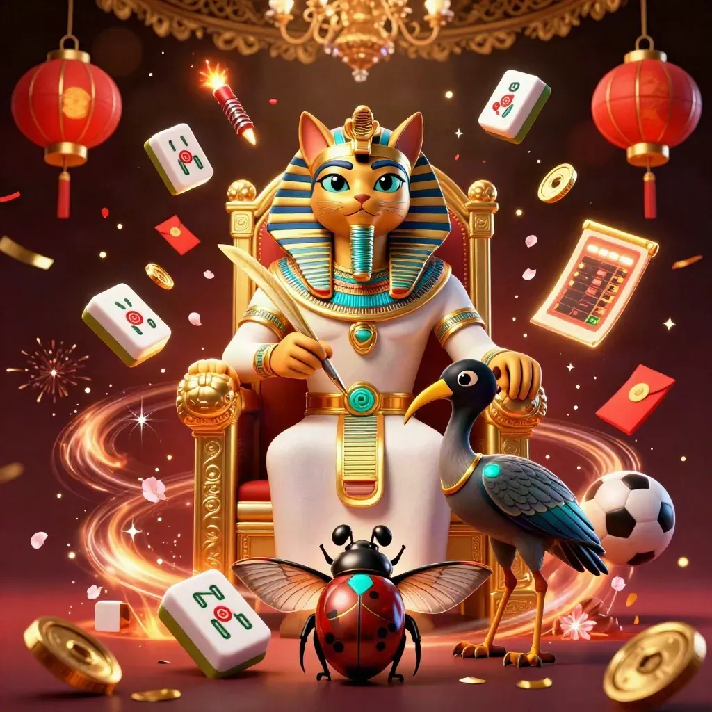 Pharaoh cat on a golden throne amid flying casino symbols, coins, lanterns, fireworks, and scarabs.