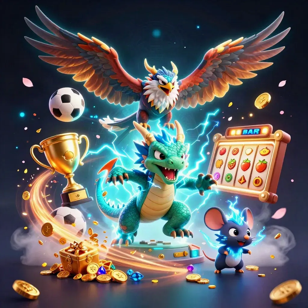 Thunder dragon, wind hawk, and thunder-mouse amid sports balls, coins, and neon magic