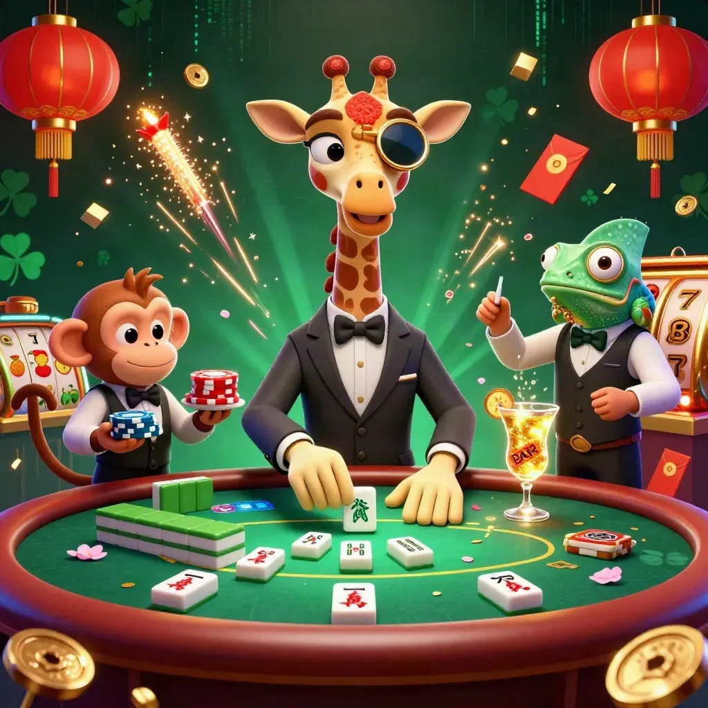High-roller giraffe, monkey valet and chameleon bartender amid neon casino chaos and flying game icons