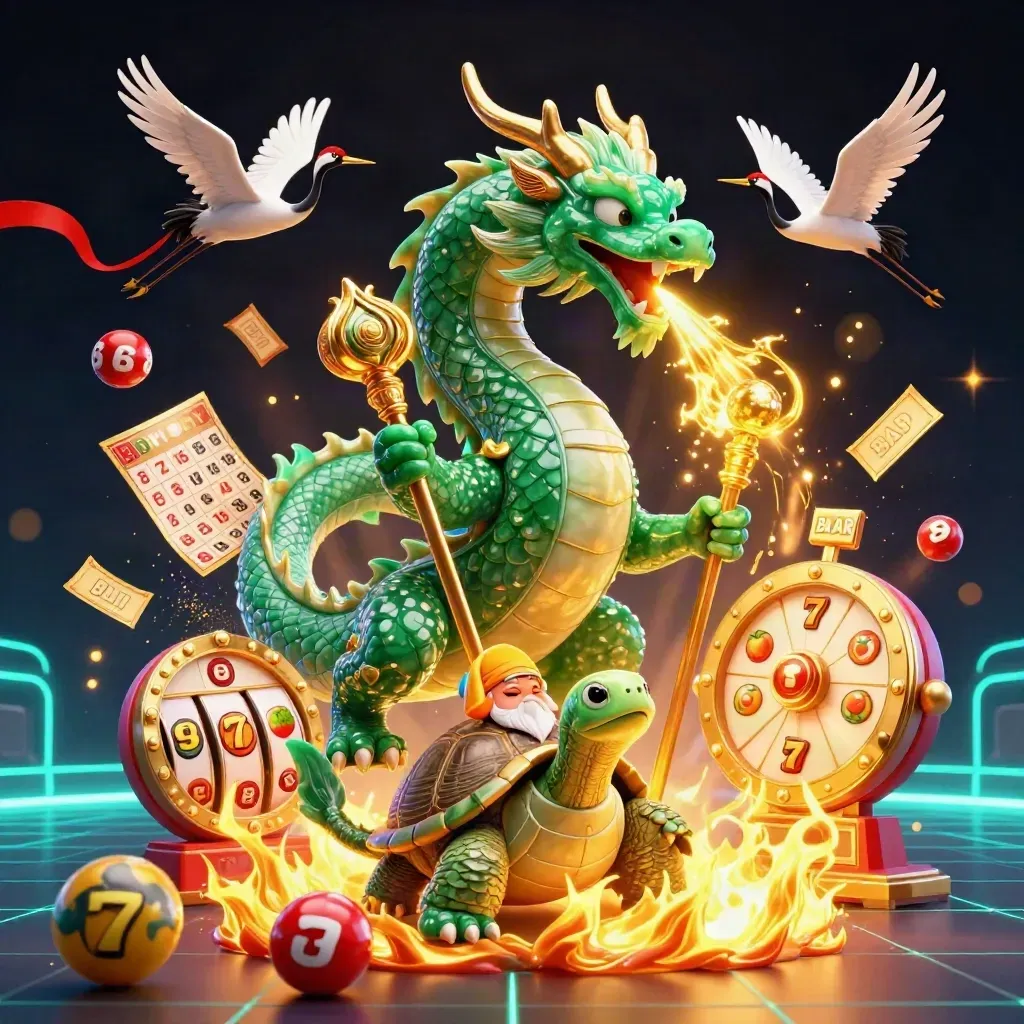 Emerald dragon, turtle sage, and cranes amid casino game bursts and neon light