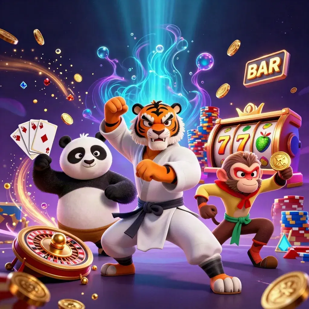 Kung-fu tiger, panda, and monkey amid casino coins, gems, reels, and cyan neon energy.