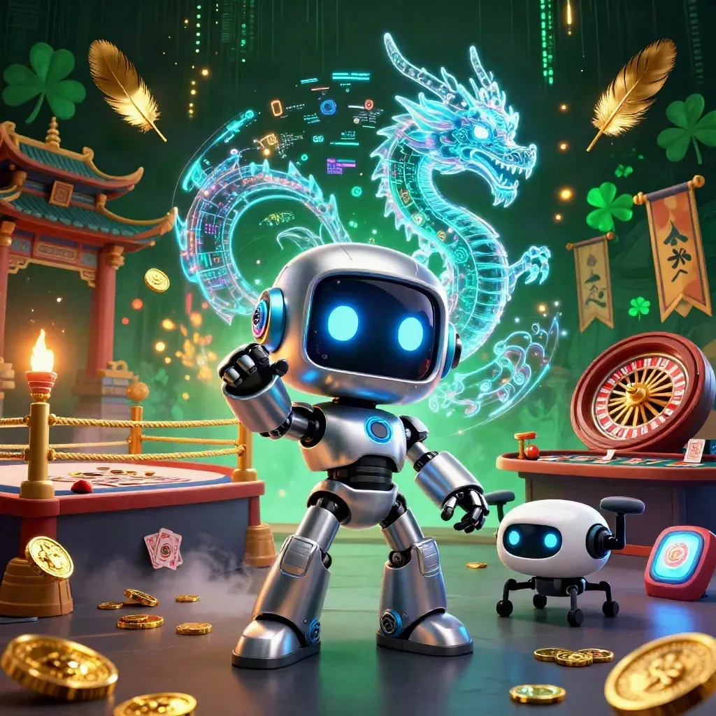 Robot mascot, holographic dragon and drone in a luxe casino scene with coins, temple gate and neon energy