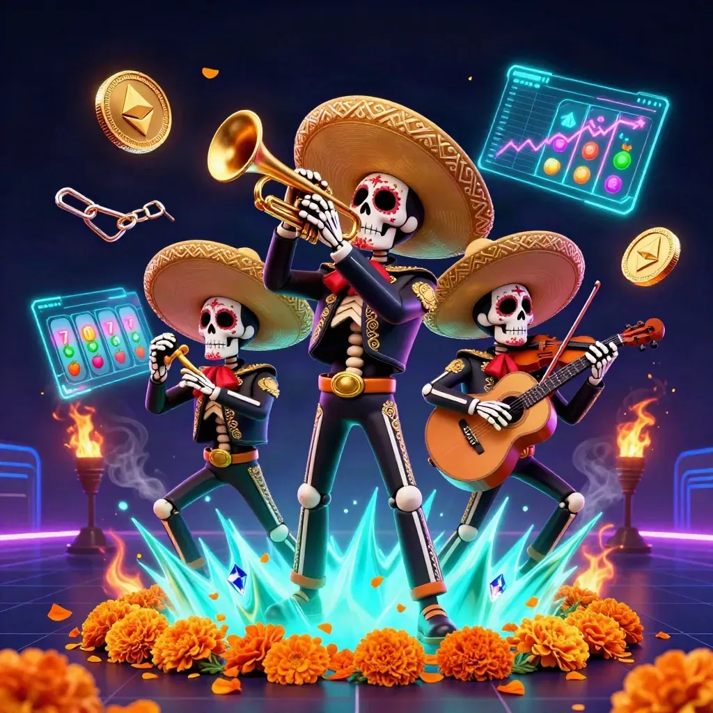 Skeleton mariachi trio with neon coins, slot reels, and fiery treasure burst in dark cyber casino art.
