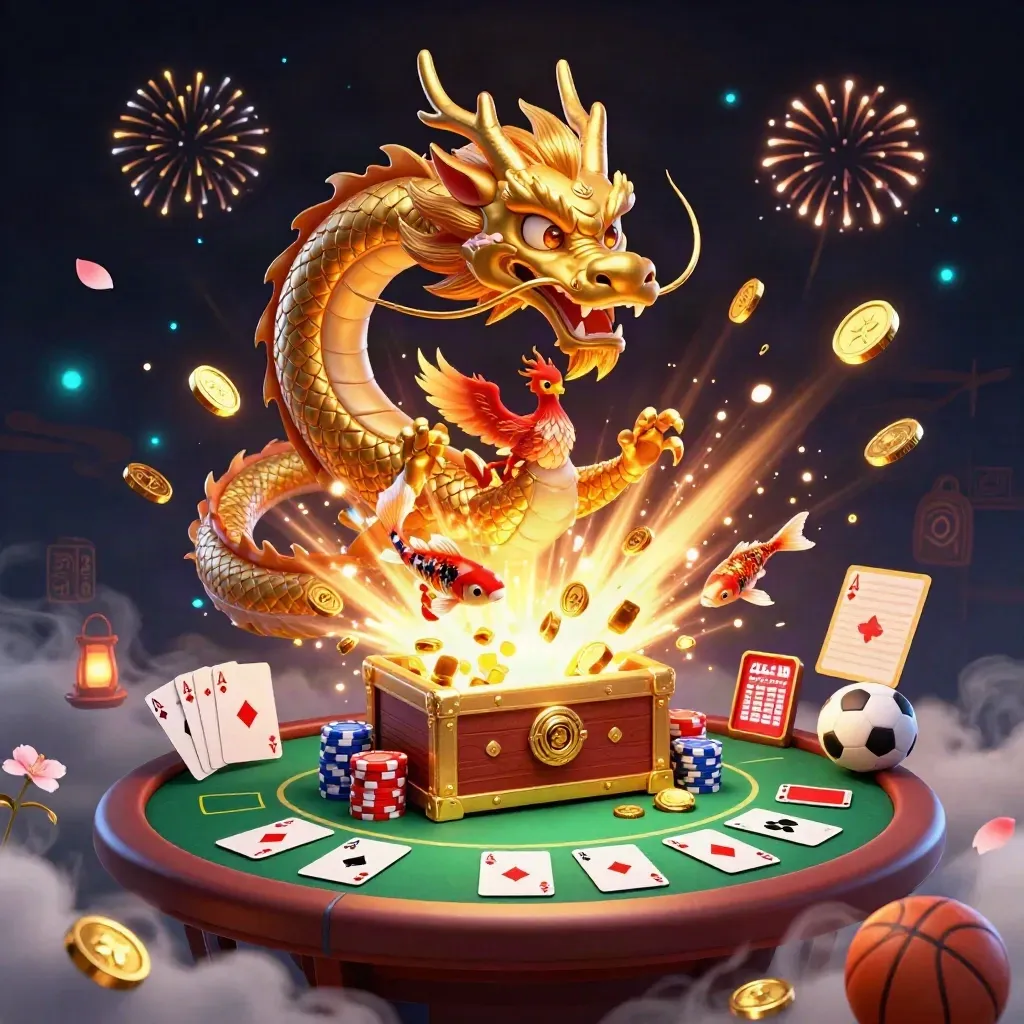Golden dragon, phoenix, koi, and casino riches burst around chips and cards on a dark neon backdrop.