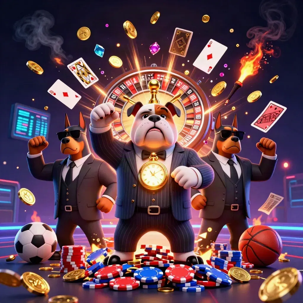 Mafia-boss bulldog with bodyguards amid coins, chips, fireworks, and sports-betting symbols.