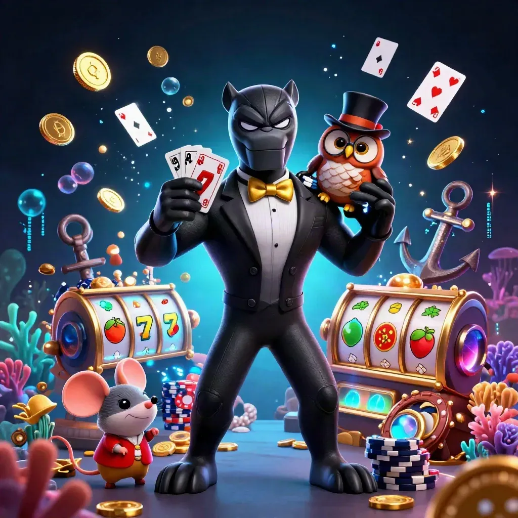 Panther, owl, and mouse casino heroes in a neon underwater treasure cove.