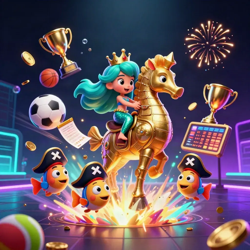 Mermaid princess on a gold seahorse, coins, sports balls, trophy and neon undersea casino glow.
