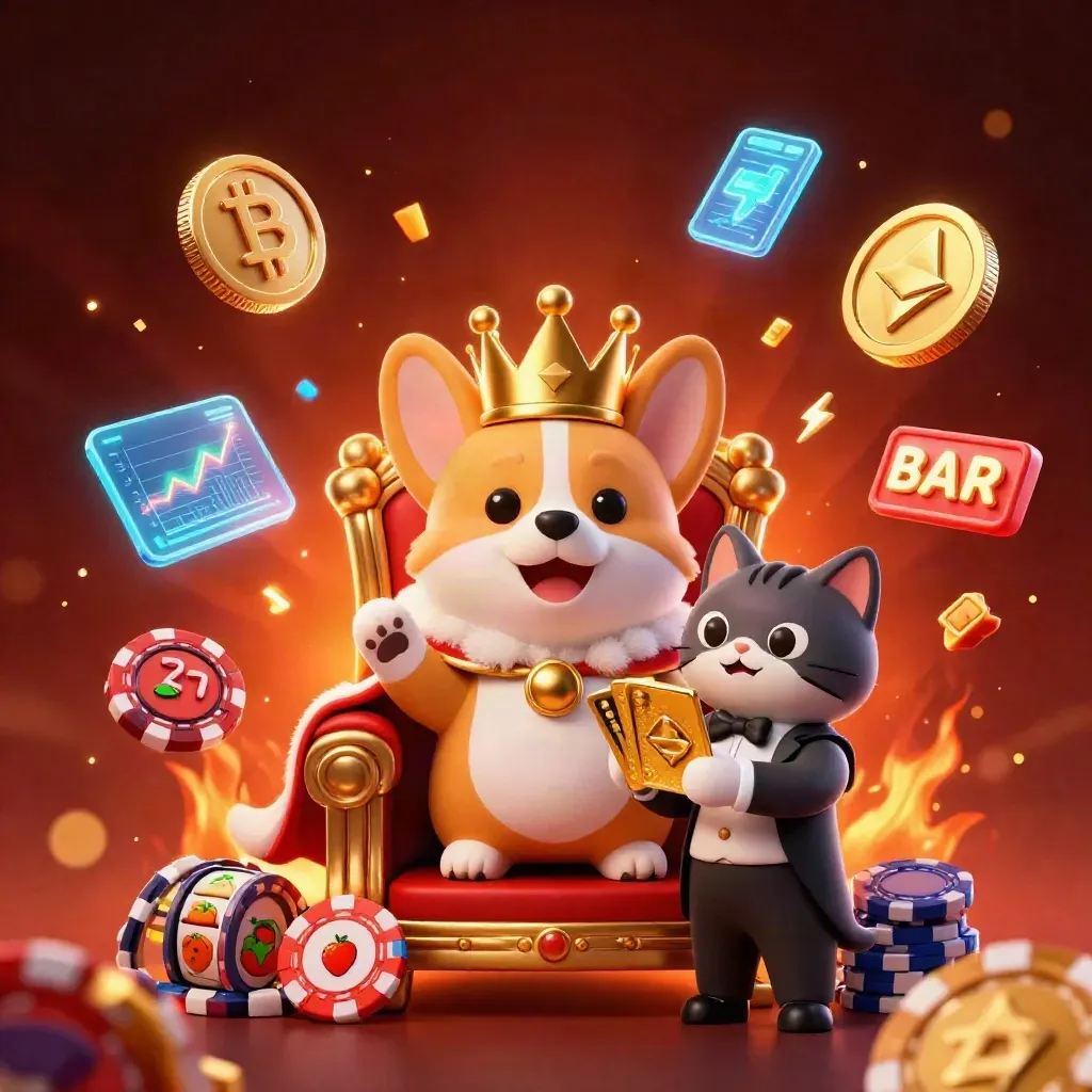 Royal corgi and cat butler amid casino chips, crypto coins, lightning, and glowing ember effects.