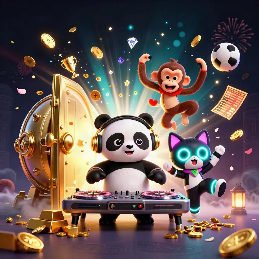 3D cartoon panda DJ, monkey, and rave kitten amid exploding vault treasures and fireworks
