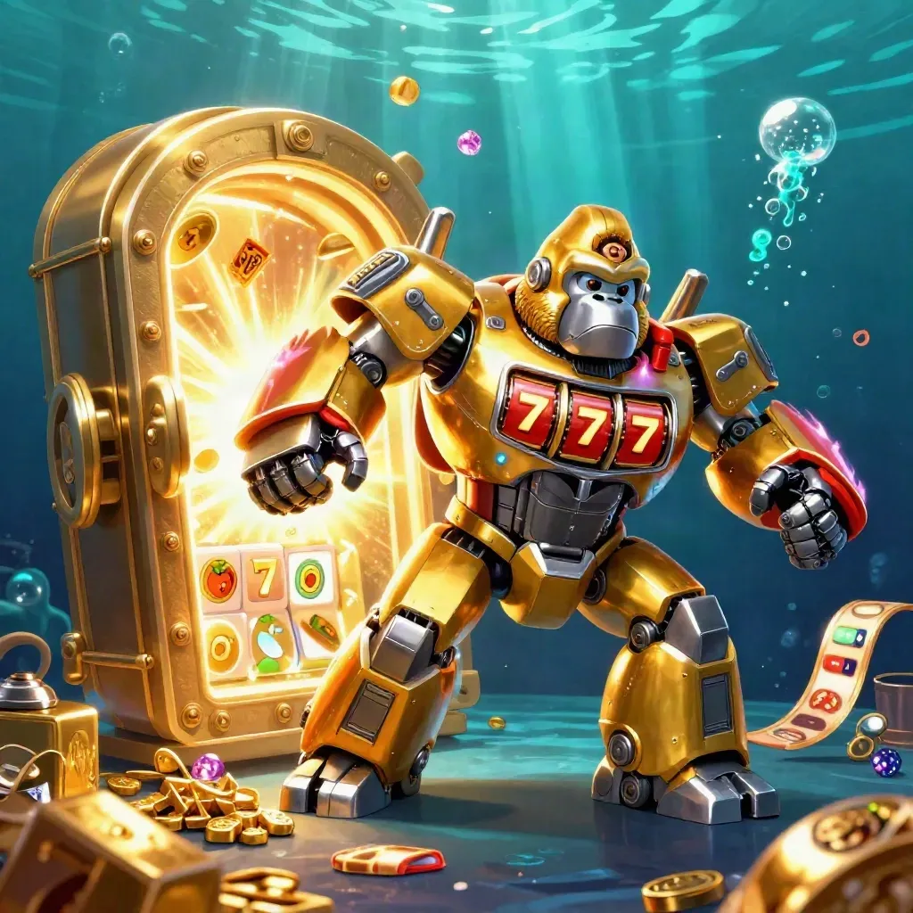 Golden slot-mech gorilla with monkey pilot, vault burst, gold, cyan glow, underwater casino action