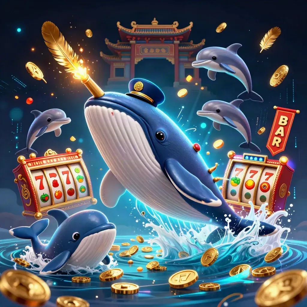Whale captain, narwhal, and dolphins burst through coins in neon casino fantasy art.